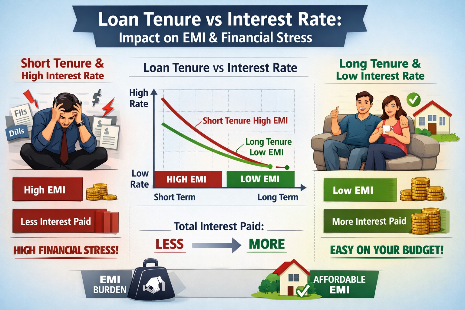 Loan tenure versus interest rate comparison showing impact on EMI and financial stress