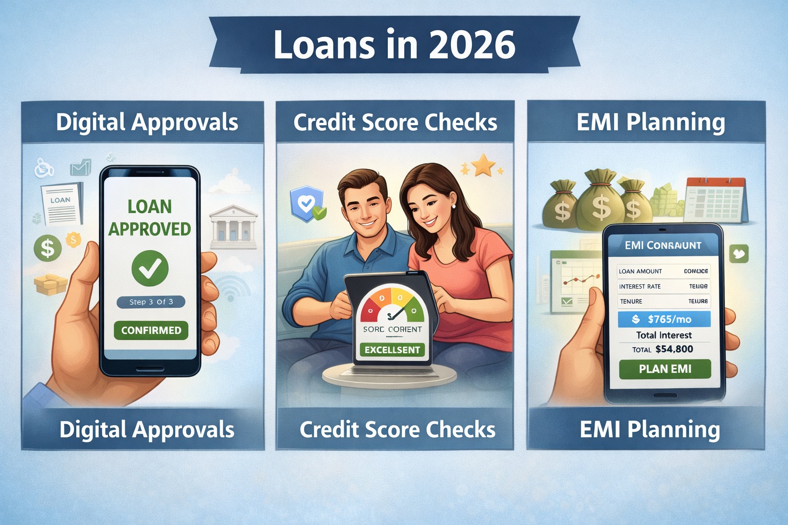 Loans in 2026 showing digital approvals, credit score checks, and EMI planning