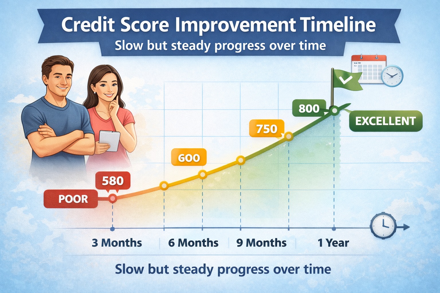 Credit score improvement timeline showing slow but steady progress over time
