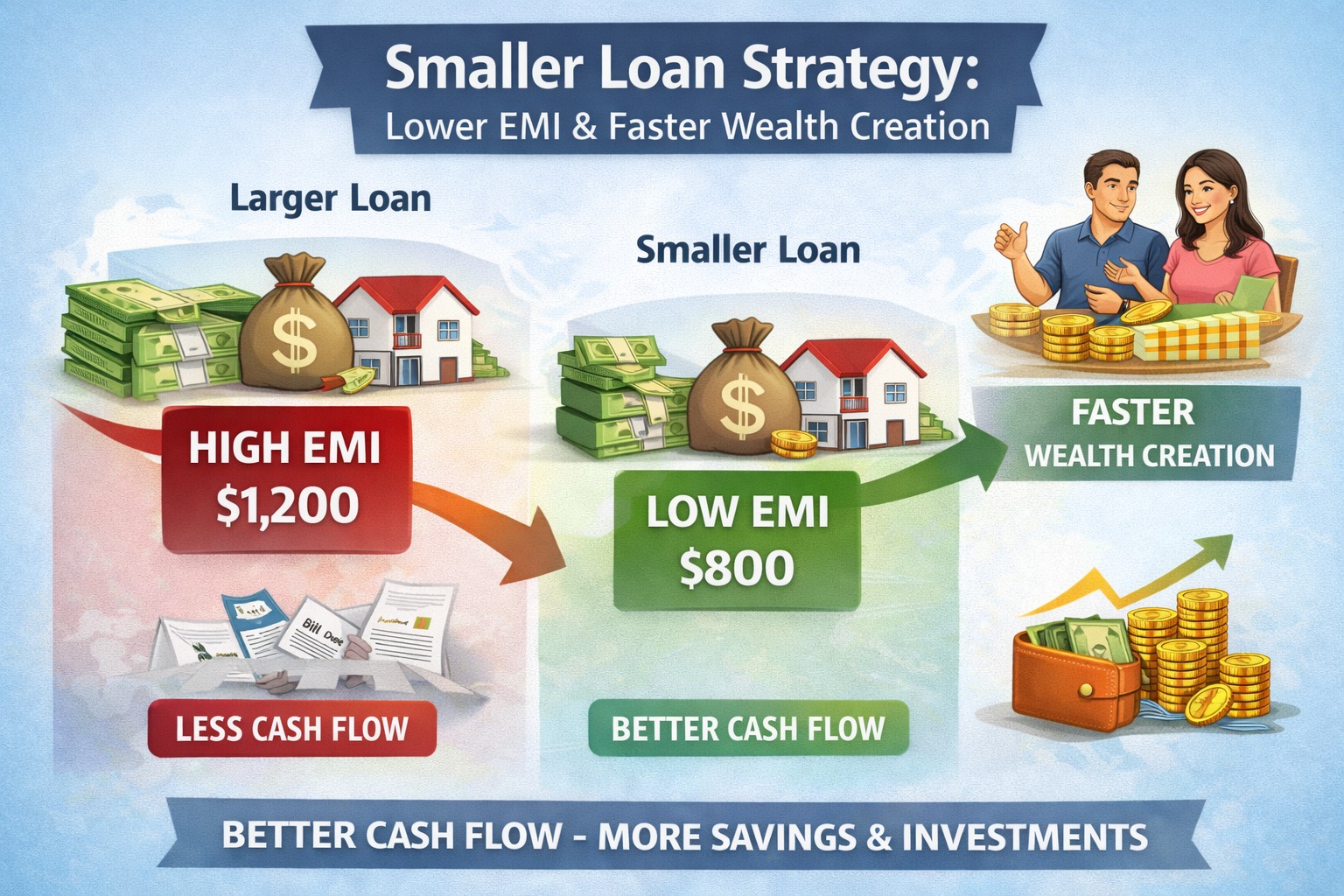 Smaller loan strategy showing lower EMI and faster wealth creation through better cash flow