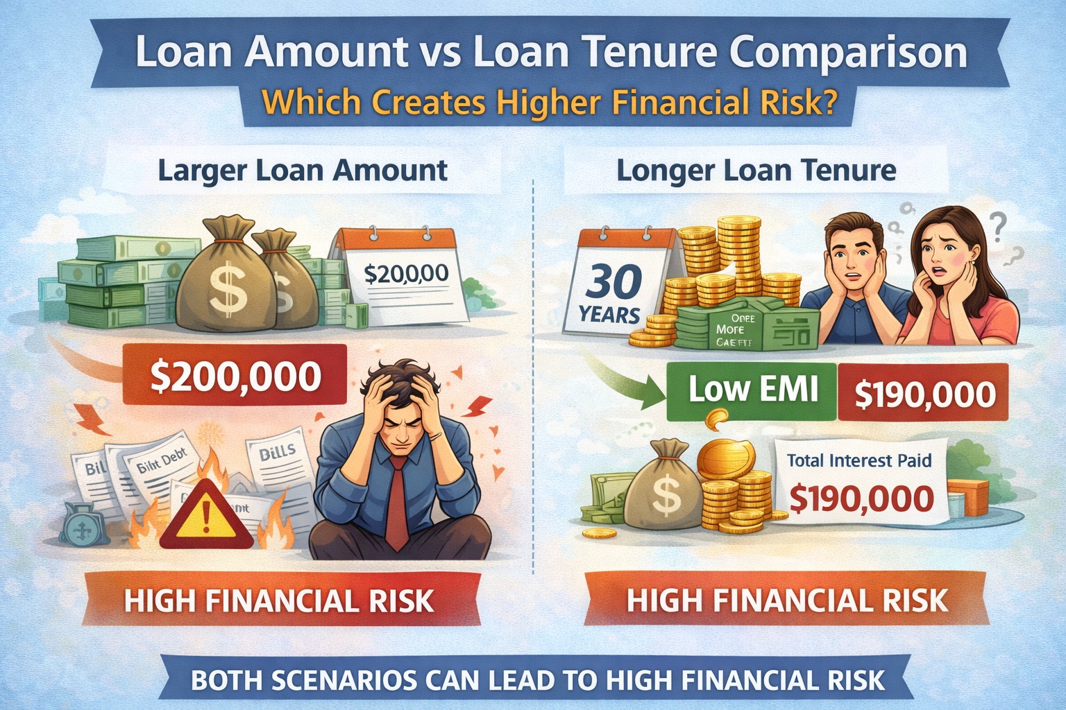 Loan amount versus loan tenure comparison showing which creates higher financial risk