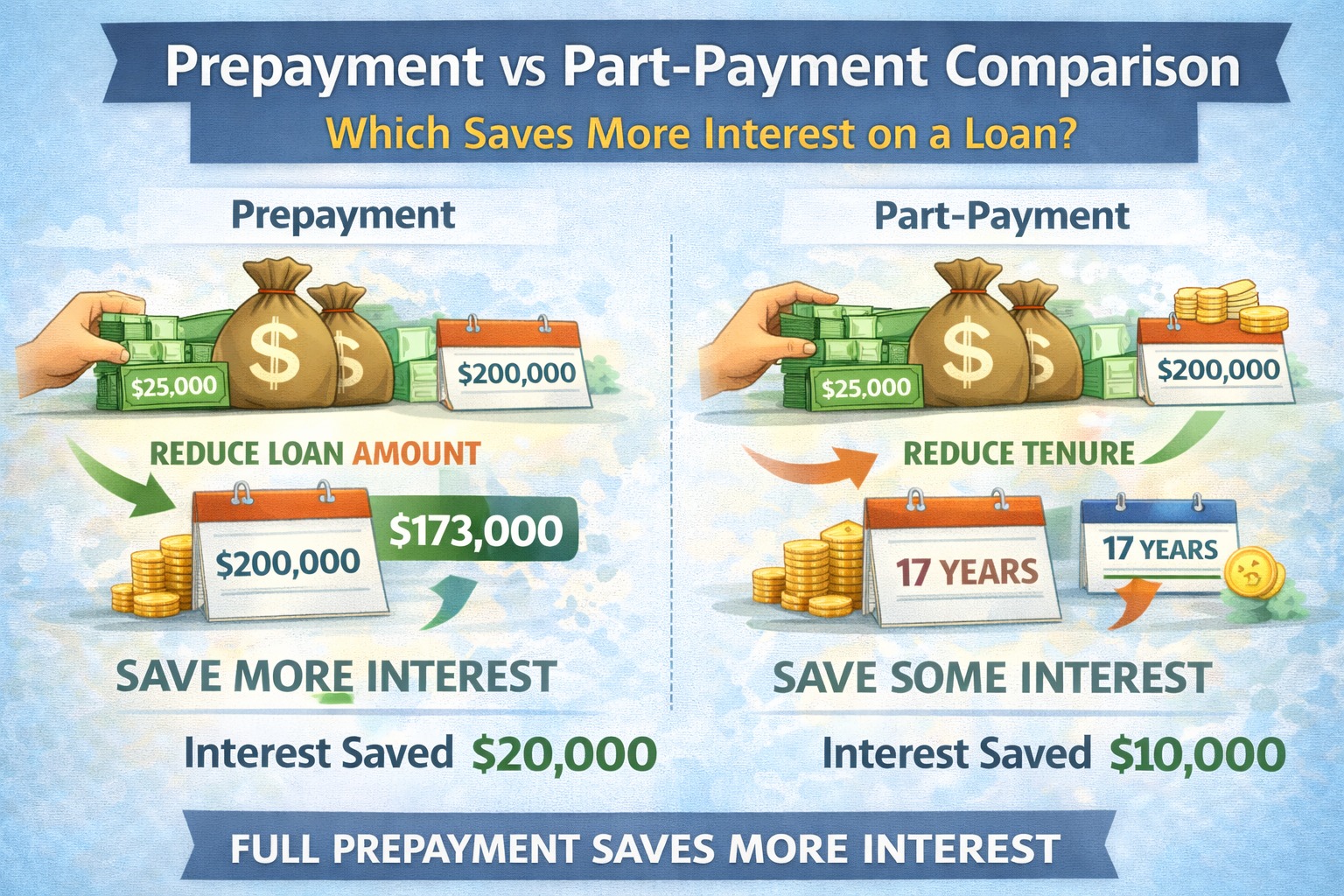 Prepayment versus part-payment comparison showing which saves more interest on a loan