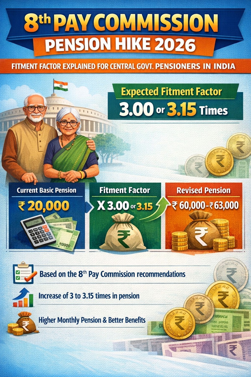 8th Pay Commission pension hike 2026 fitment factor explained for central government pensioners in India