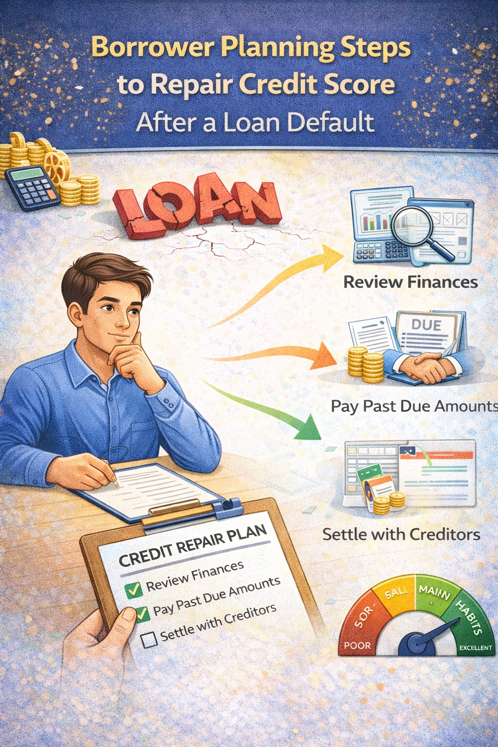 Borrower planning steps to repair credit score after a loan default