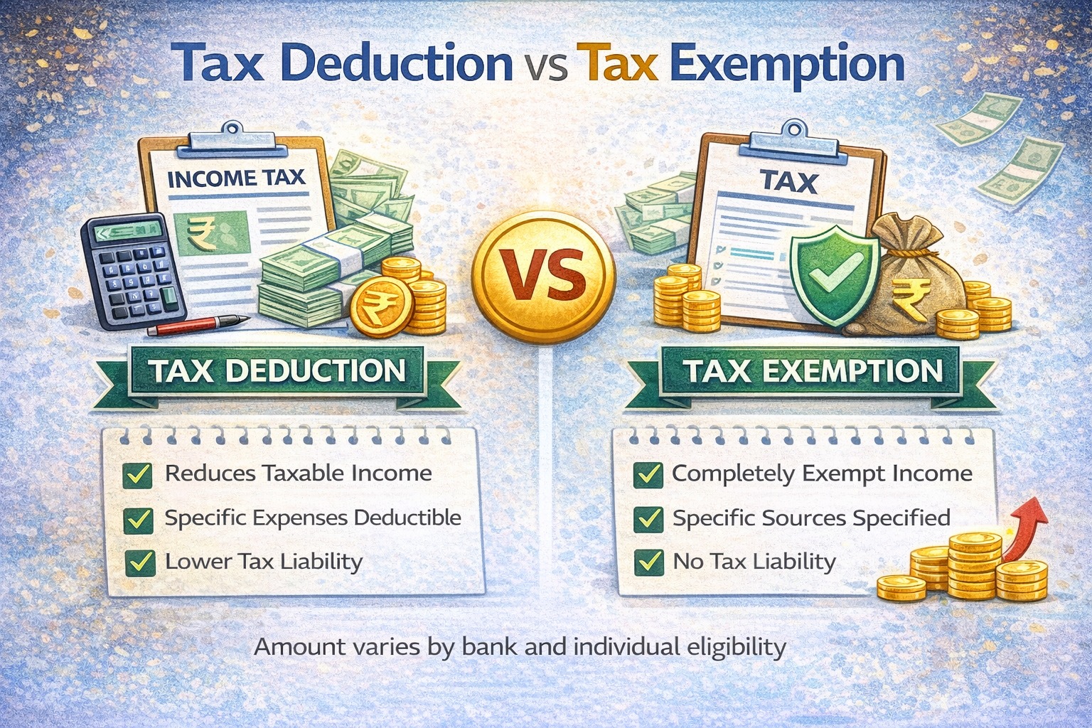 Tax deduction vs tax exemption comparison chart explaining income tax basics in India
