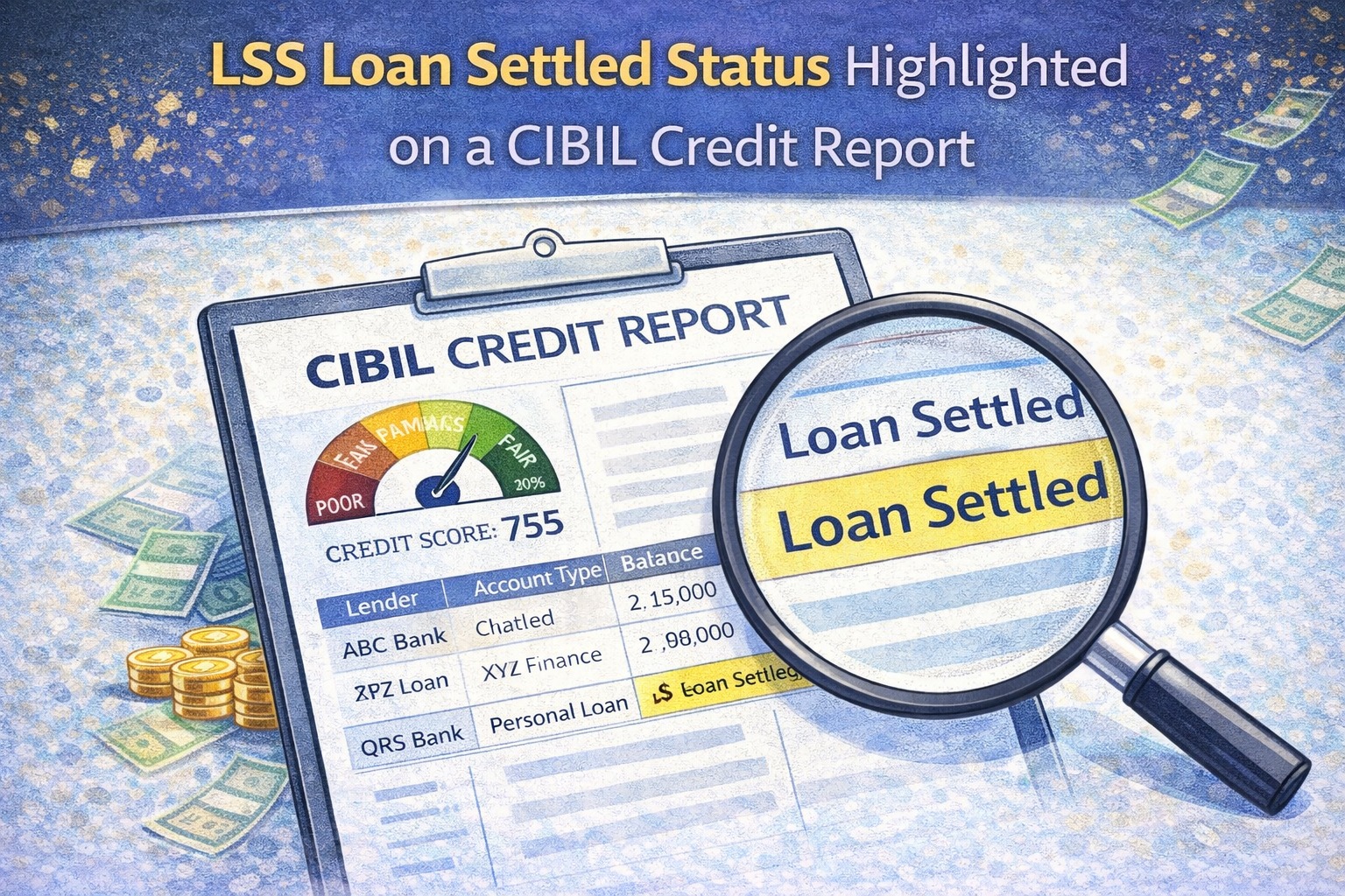 LSS loan settled status highlighted on a CIBIL credit report