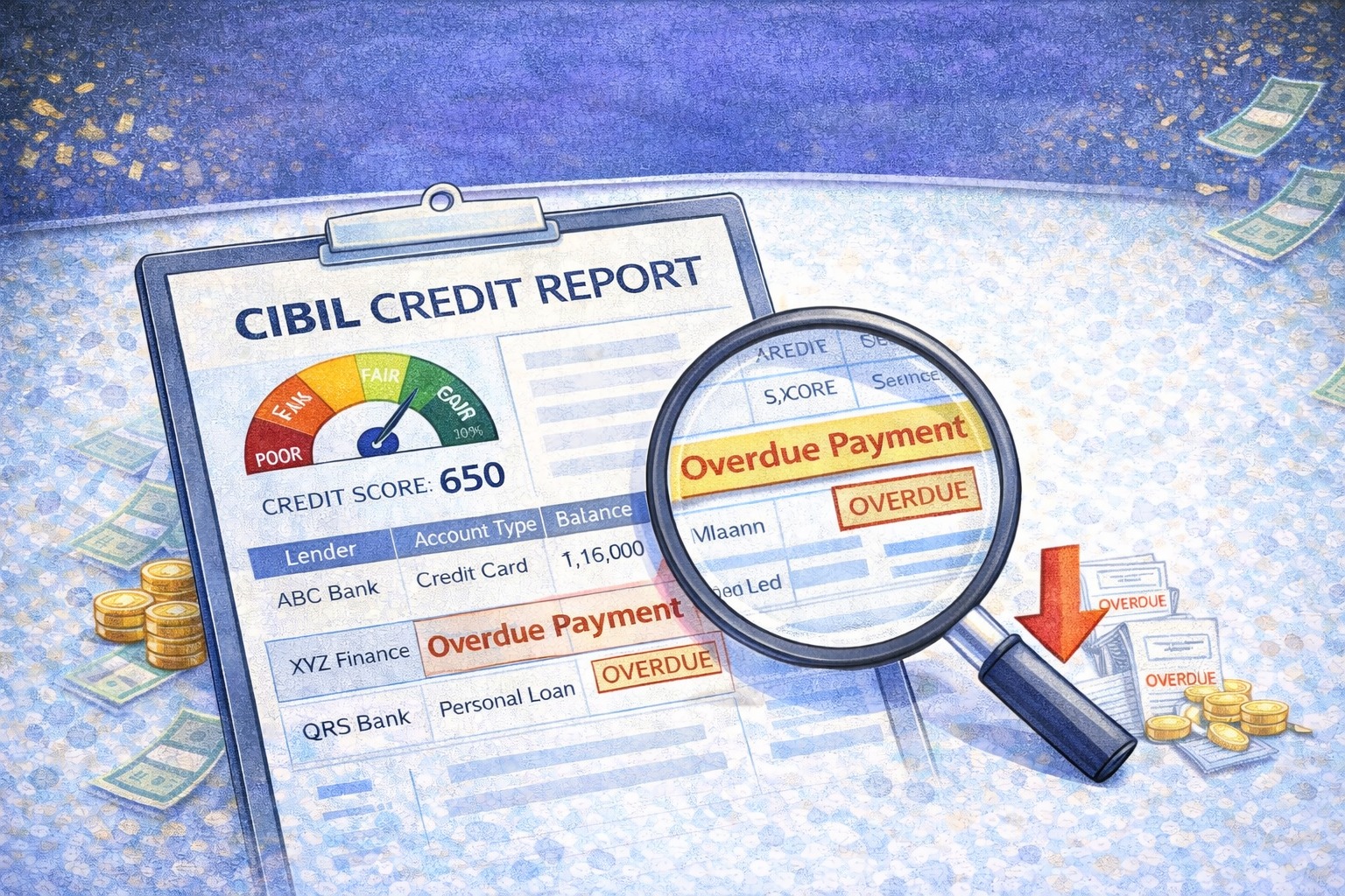 Overdue payment highlighted on a CIBIL credit report showing missed EMI impact