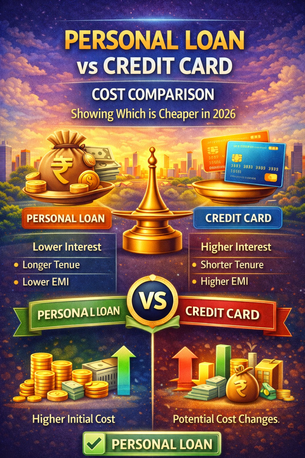 Personal loan vs credit card cost comparison showing which is cheaper in 2026
