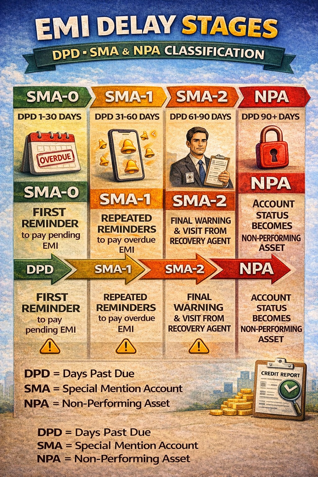 EMI delay stages showing DPD SMA and NPA classification