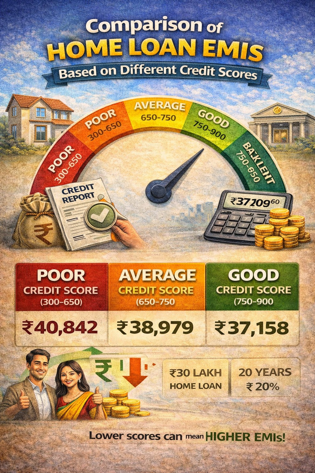 Comparison of home loan EMIs based on different credit scores