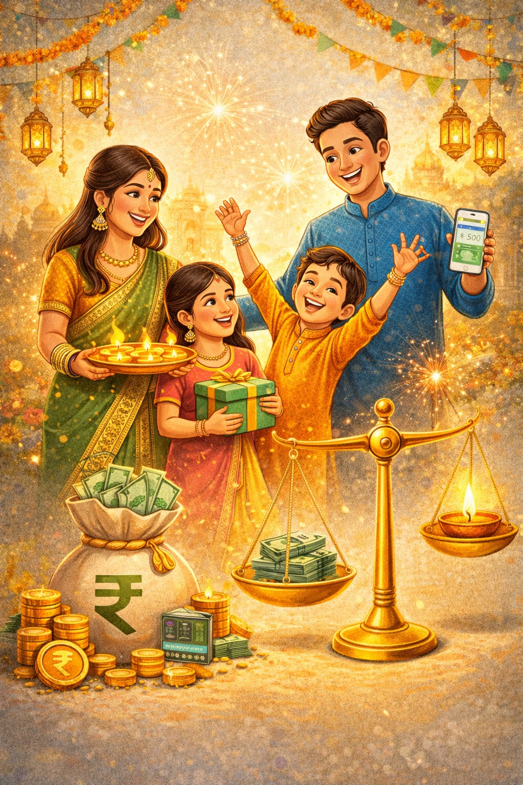 Indian family celebrating festival with happiness and financial balance