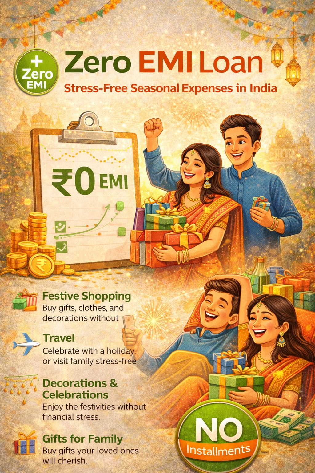 Zero EMI loan concept showing stress free seasonal expenses in India