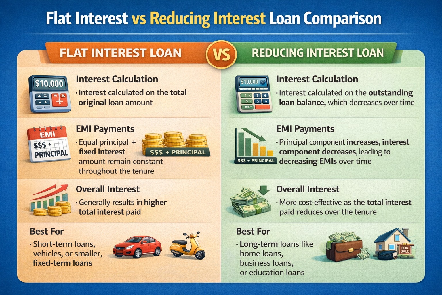 Flat interest vs reducing interest loan comparison explained