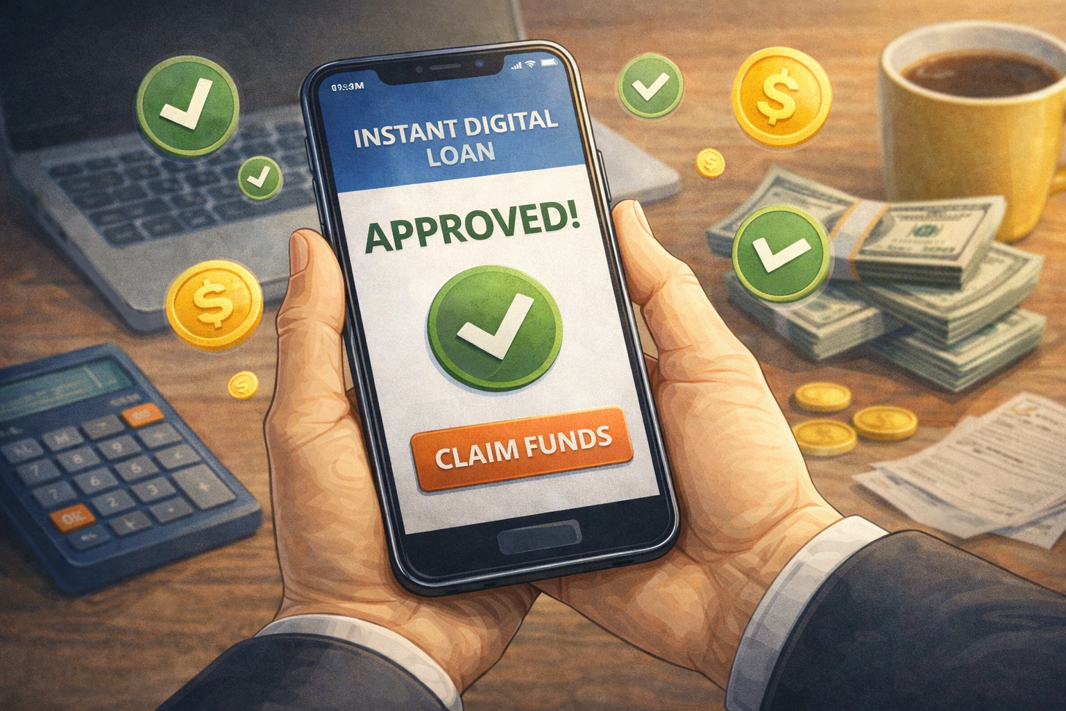 Instant digital loan approval message on mobile phone