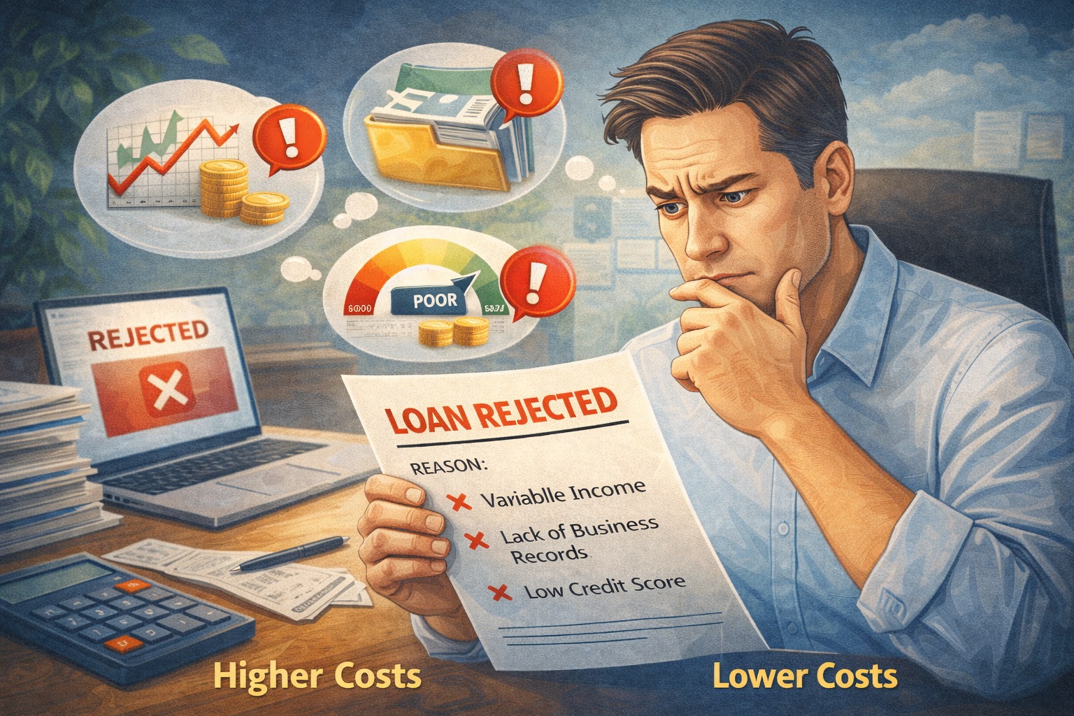 Self employed borrower reviewing loan rejection reasons