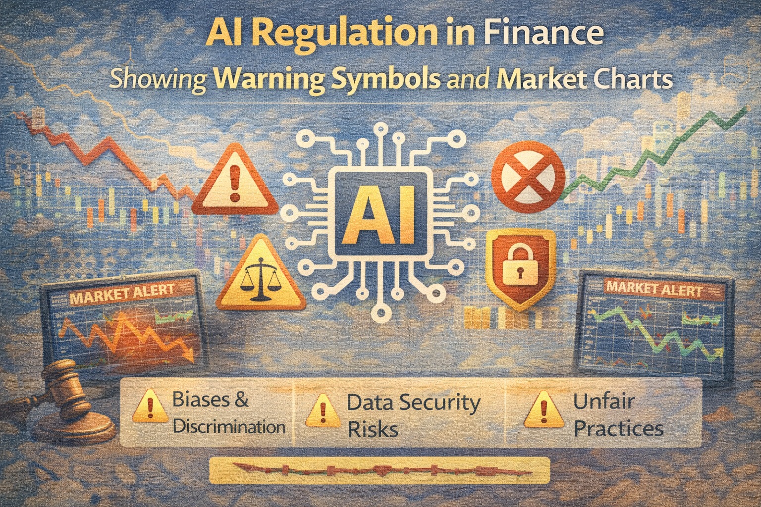 AI regulation in finance showing warning symbols and market charts