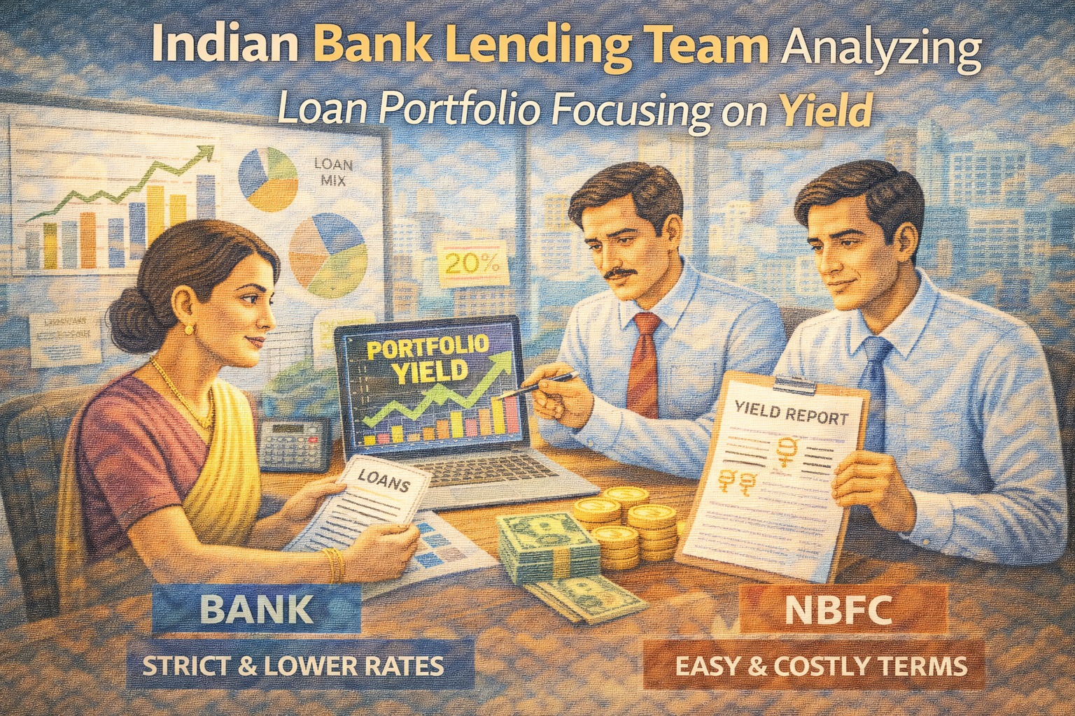 Indian bank lending team analyzing loan portfolio focusing on yield