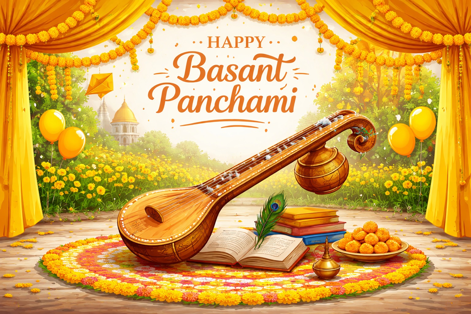 Basant Panchami celebration with yellow decorations in India