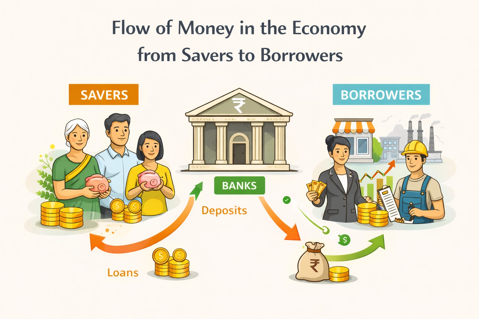 Flow of money in the economy from savers to borrowers