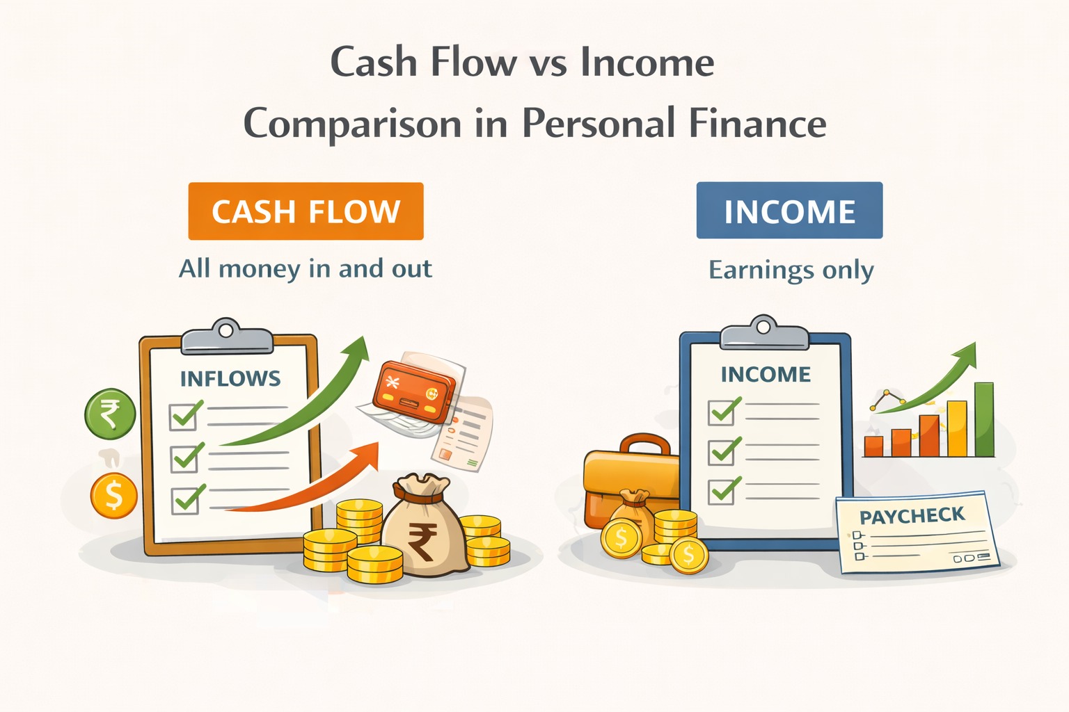 Cash flow versus income comparison in personal finance