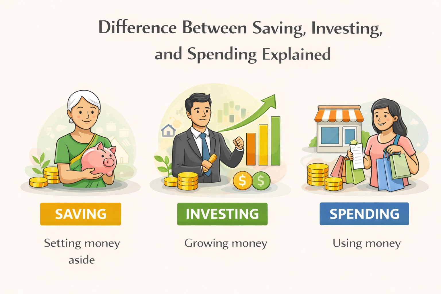 Difference between saving investing and spending explained