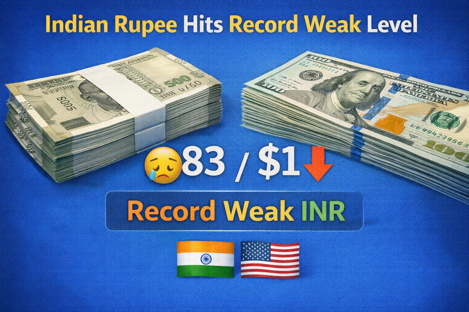 Indian Rupee and US Dollar notes showing record weak INR