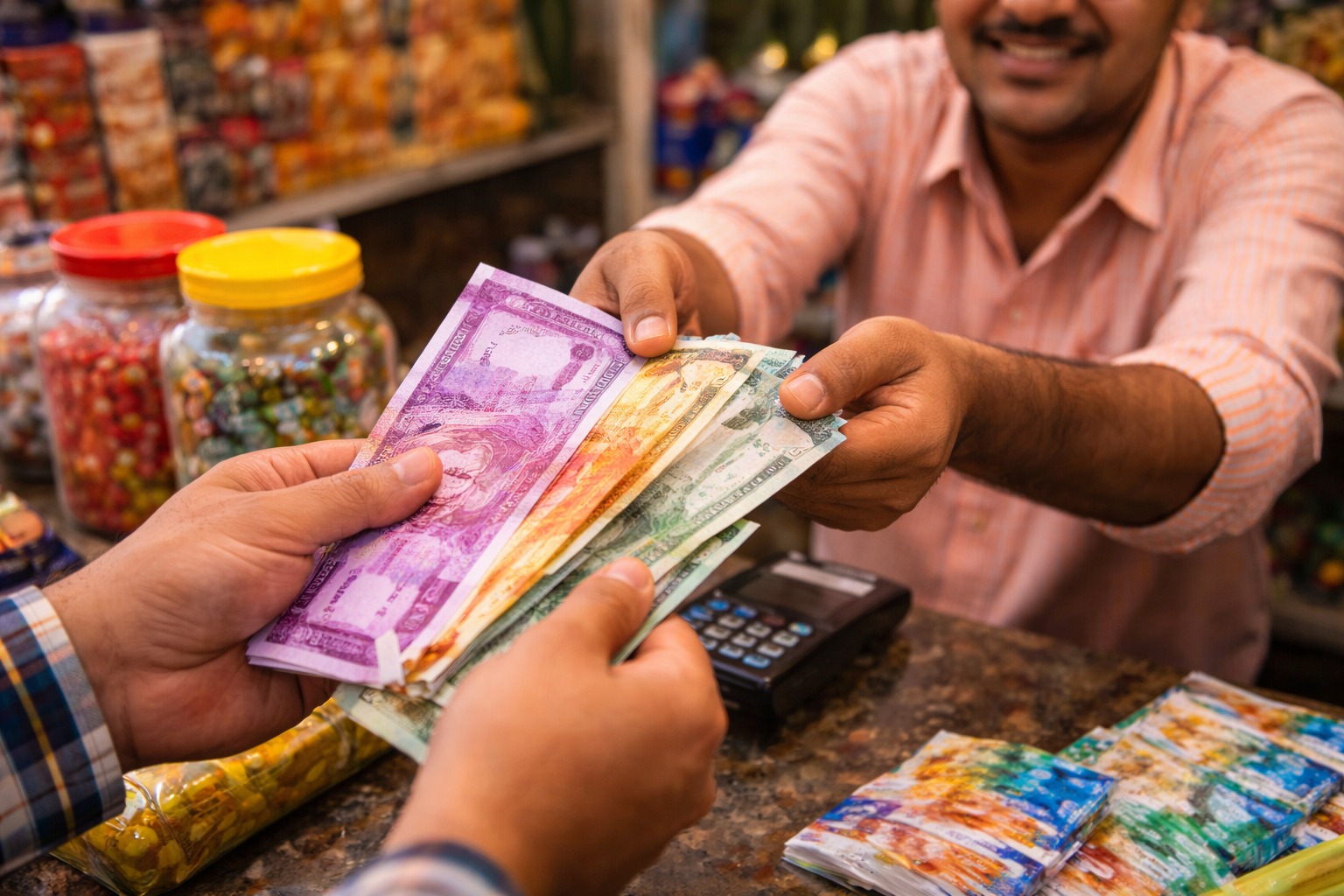 Customer paying cash with Indian rupee notes at local shop counter