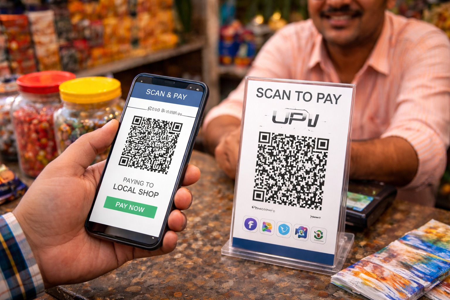 Customer scanning UPI QR code at Indian retail shop