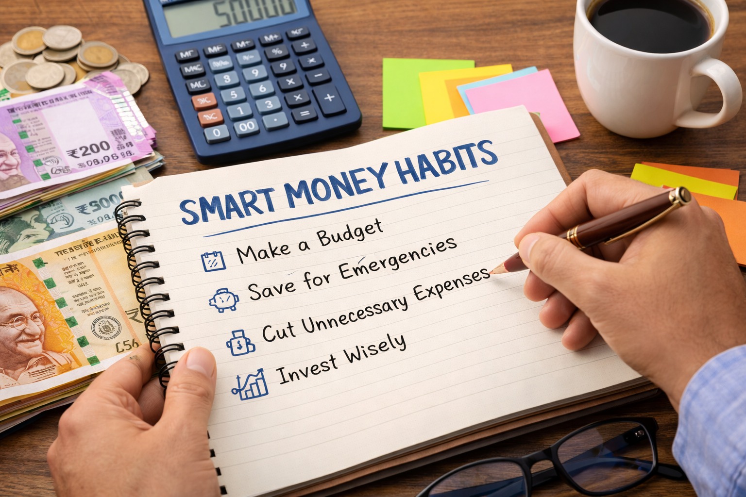 Smart money habits planning with notebook and calculator