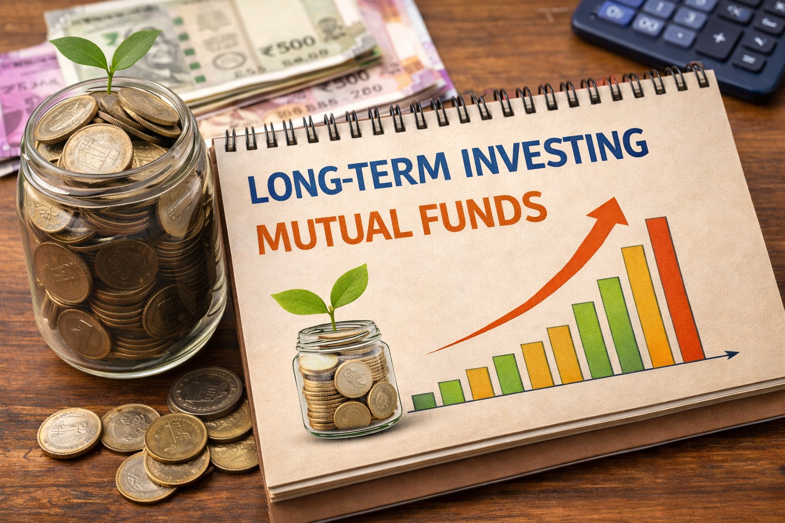 Long-term investing concept with mutual funds and growth chart