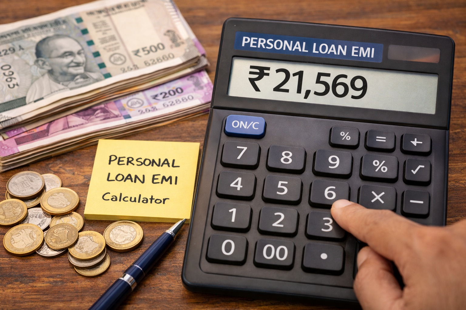 Personal loan EMI calculation with calculator and rupee notes