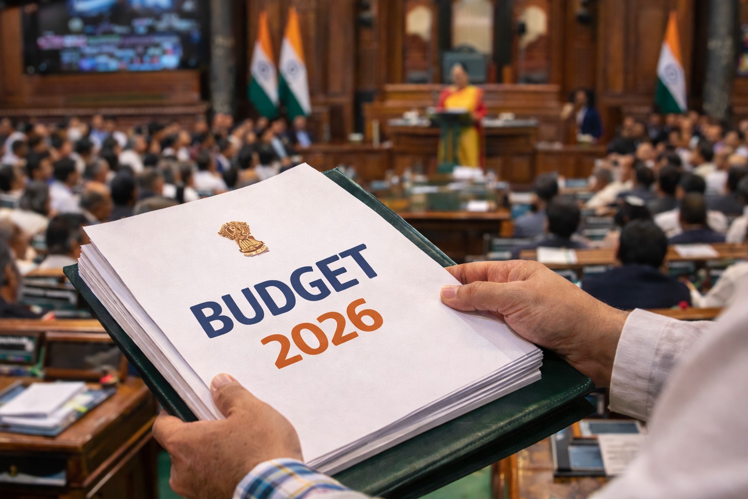 Budget 2026 documents displayed in Indian Parliament