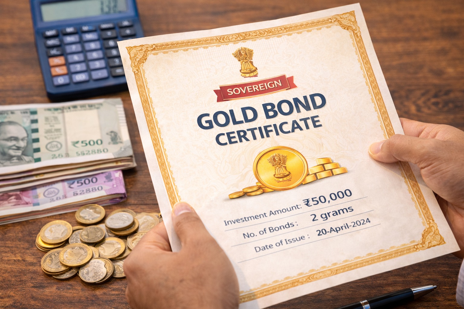 Sovereign Gold Bond certificate with Indian rupee coins investment concept
