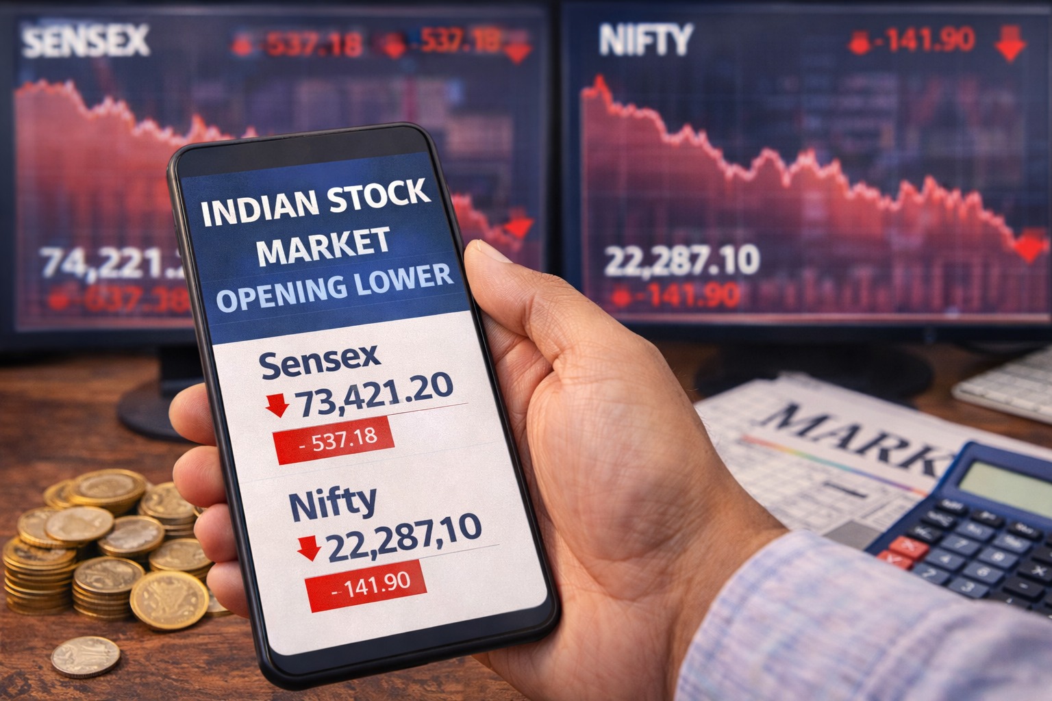 Indian stock market opening lower with falling Sensex and Nifty charts