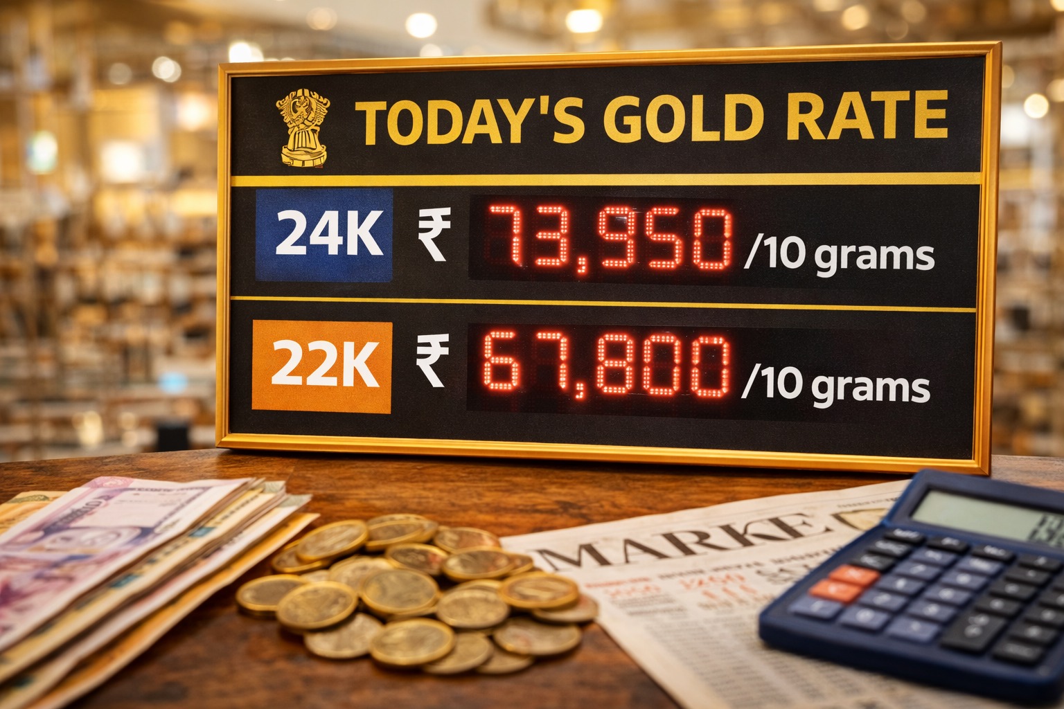 Today’s gold rate board showing 24K and 22K prices in India