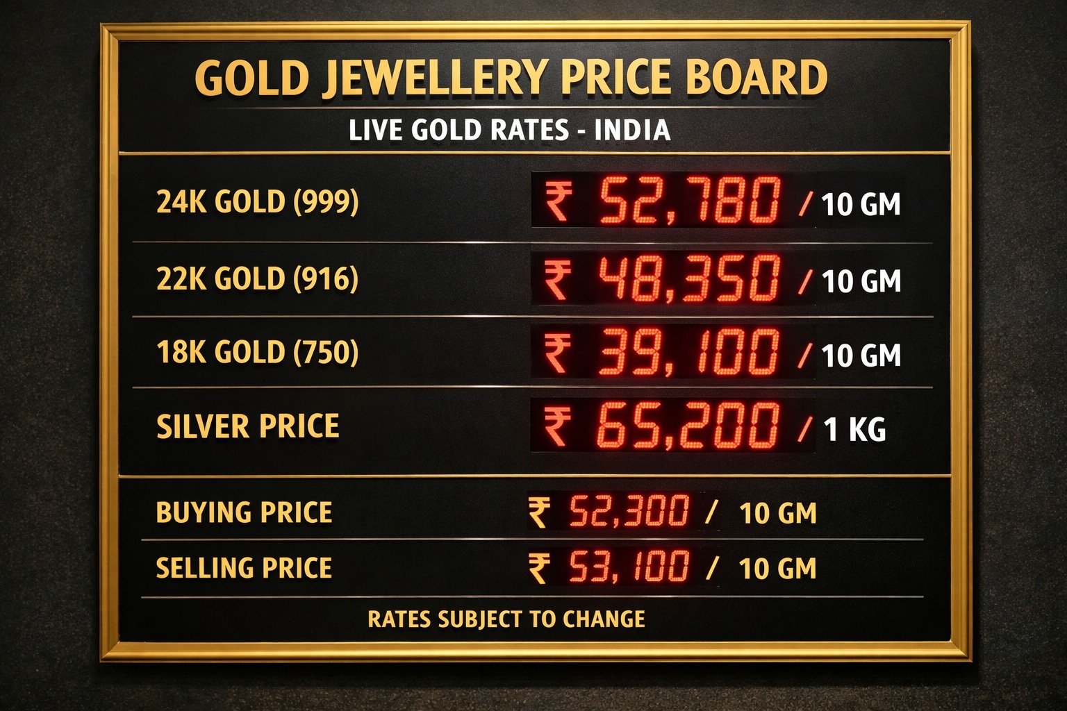 Gold jewellery price board showing live gold rates in India