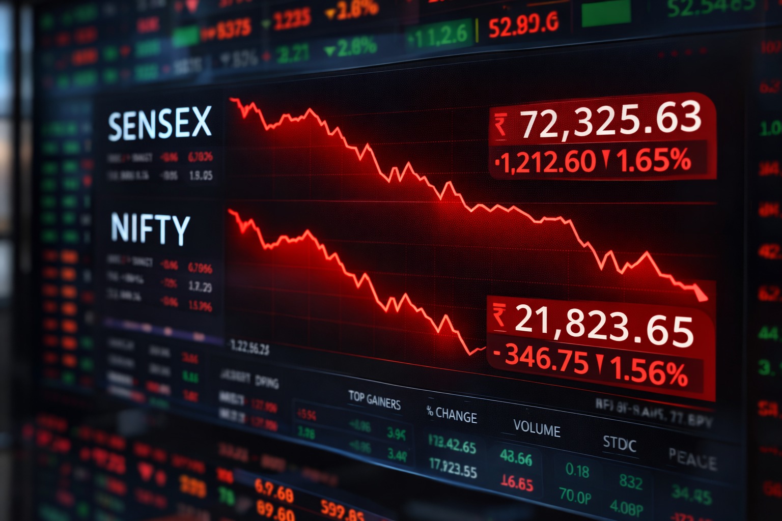 Indian stock market falling with red Sensex and Nifty charts on screen
