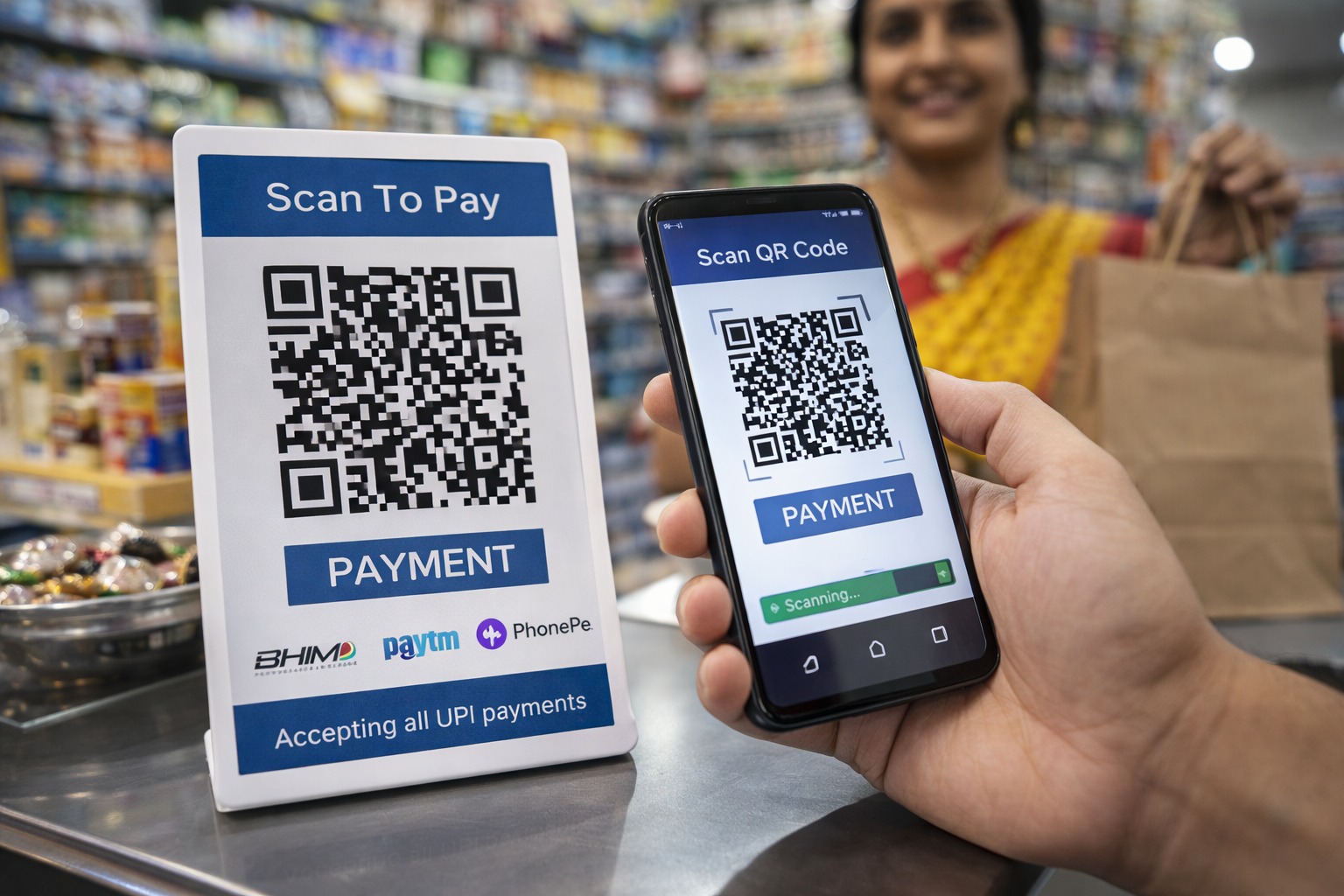 QR code scanning for cashless transaction in India retail store