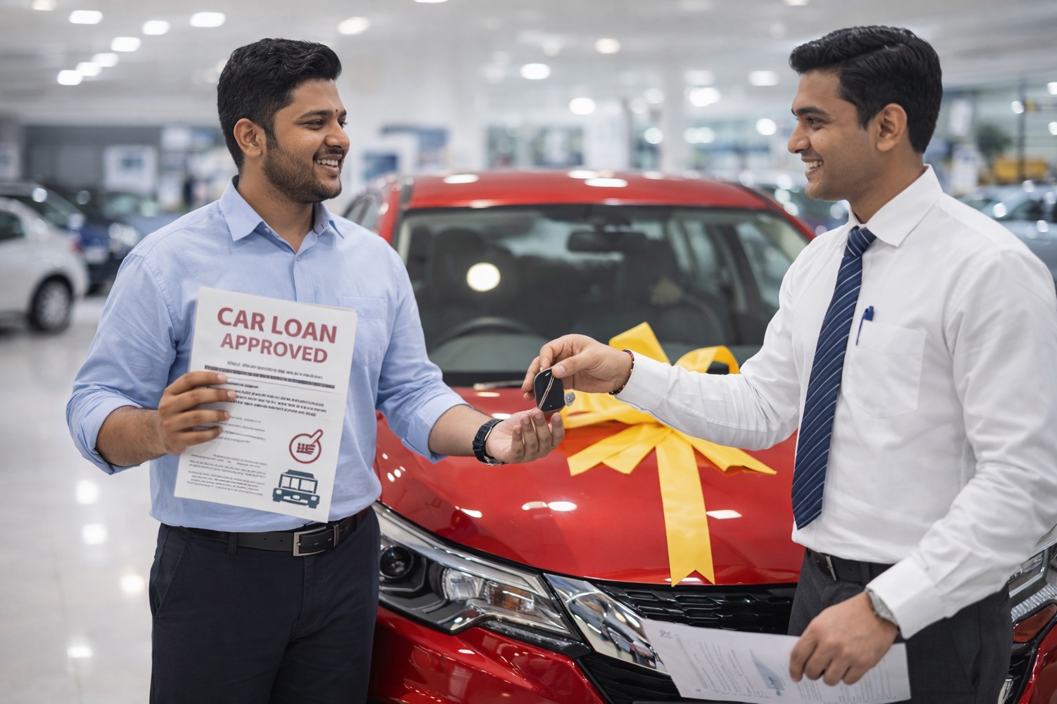 Indian customer taking car loan and receiving new vehicle from showroom