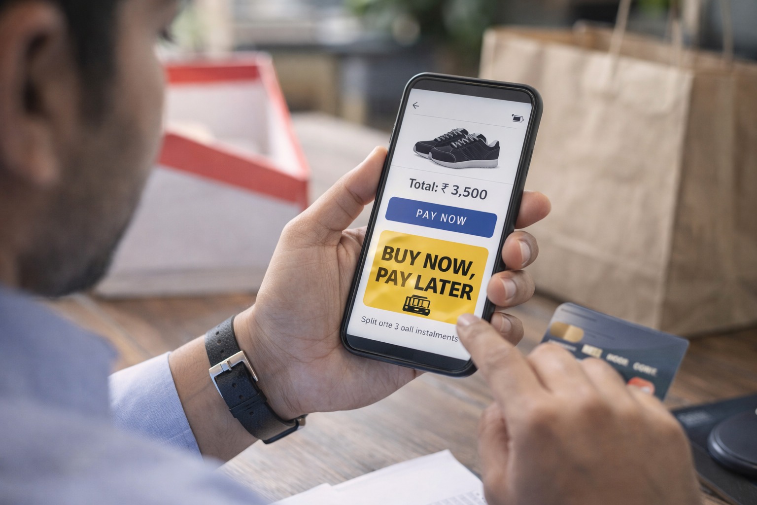 Online shopper using buy now pay later payment option on smartphone in India