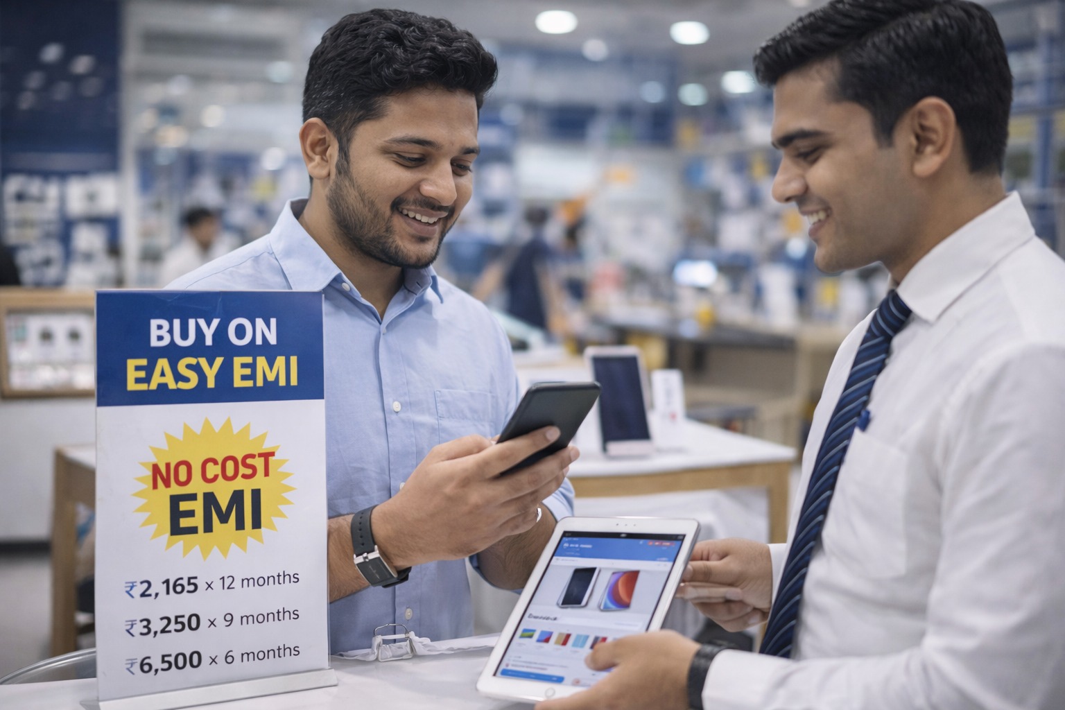 Indian customer purchasing smartphone on easy EMI payment plan in store