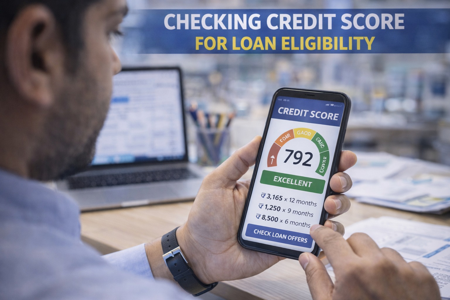 Indian professional checking credit score on smartphone for loan eligibility