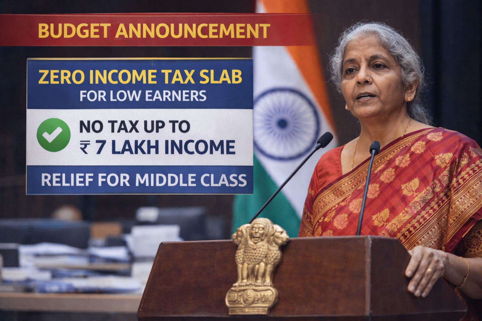 Government budget announcement on zero income tax slab for low earners in India