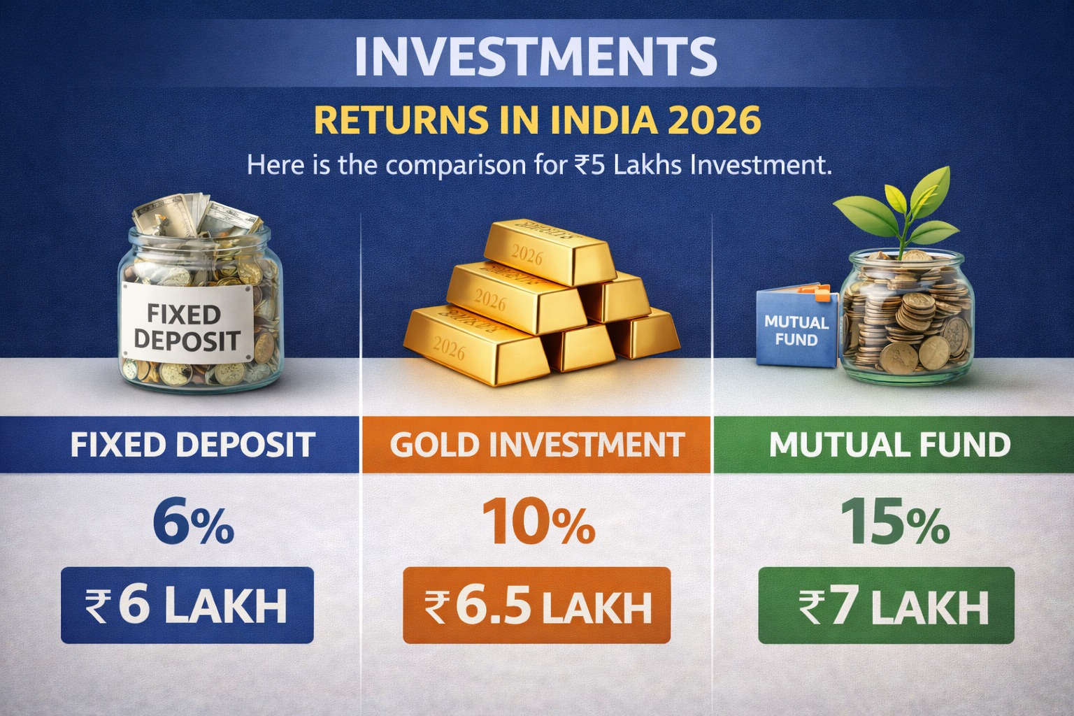 Comparison of fixed deposit, gold investment and mutual fund returns in India 2026