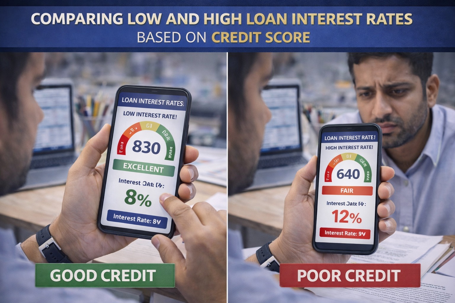 Borrower comparing low and high loan interest rates based on credit score in India