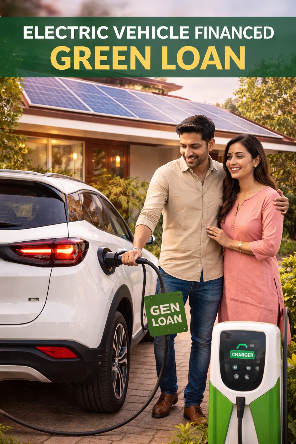 Electric vehicle financed through green loan charging at solar powered home in India