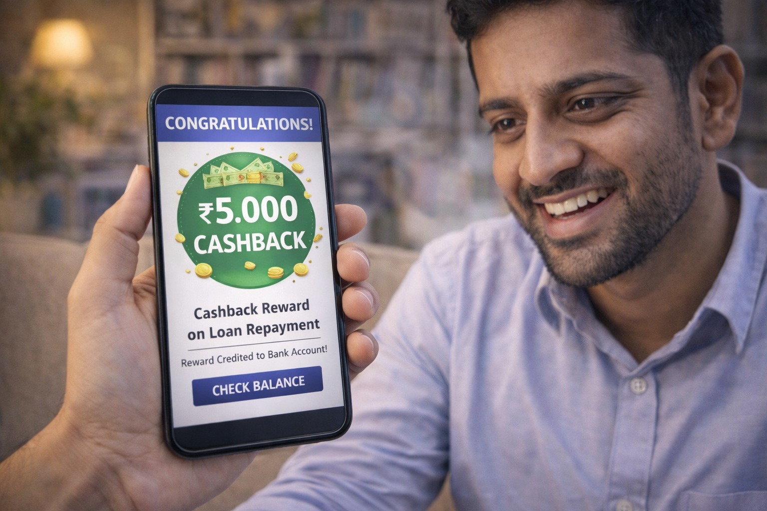 Borrower receiving cashback reward on loan repayment through mobile app