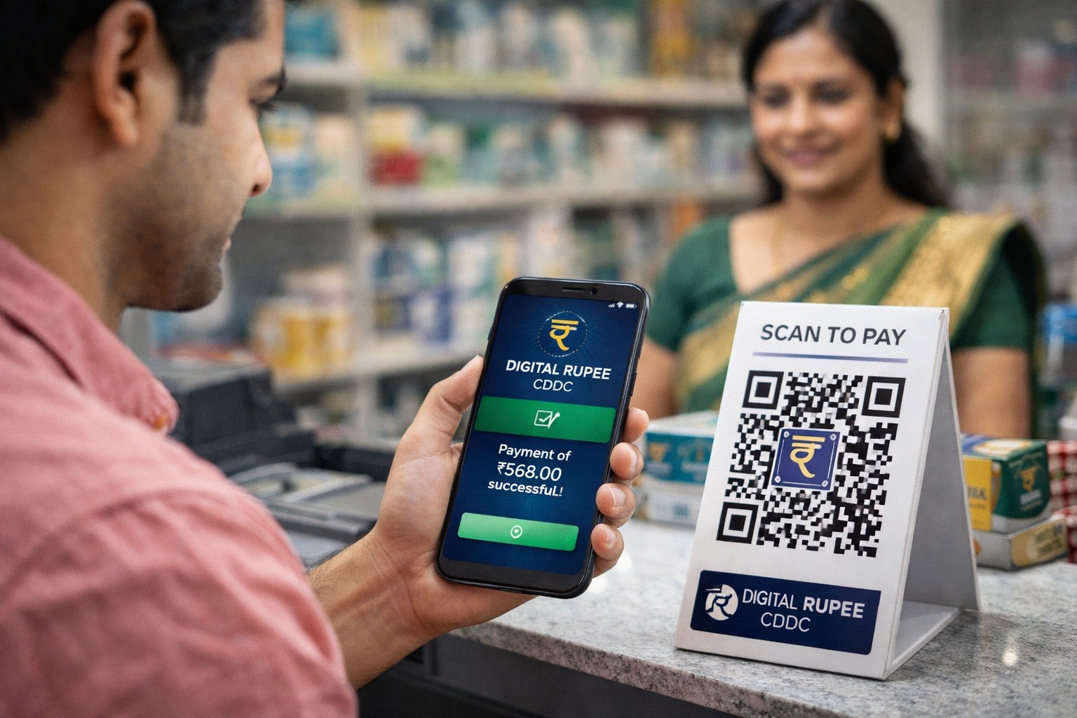Indian customer making digital rupee CBDC payment using smartphone QR code