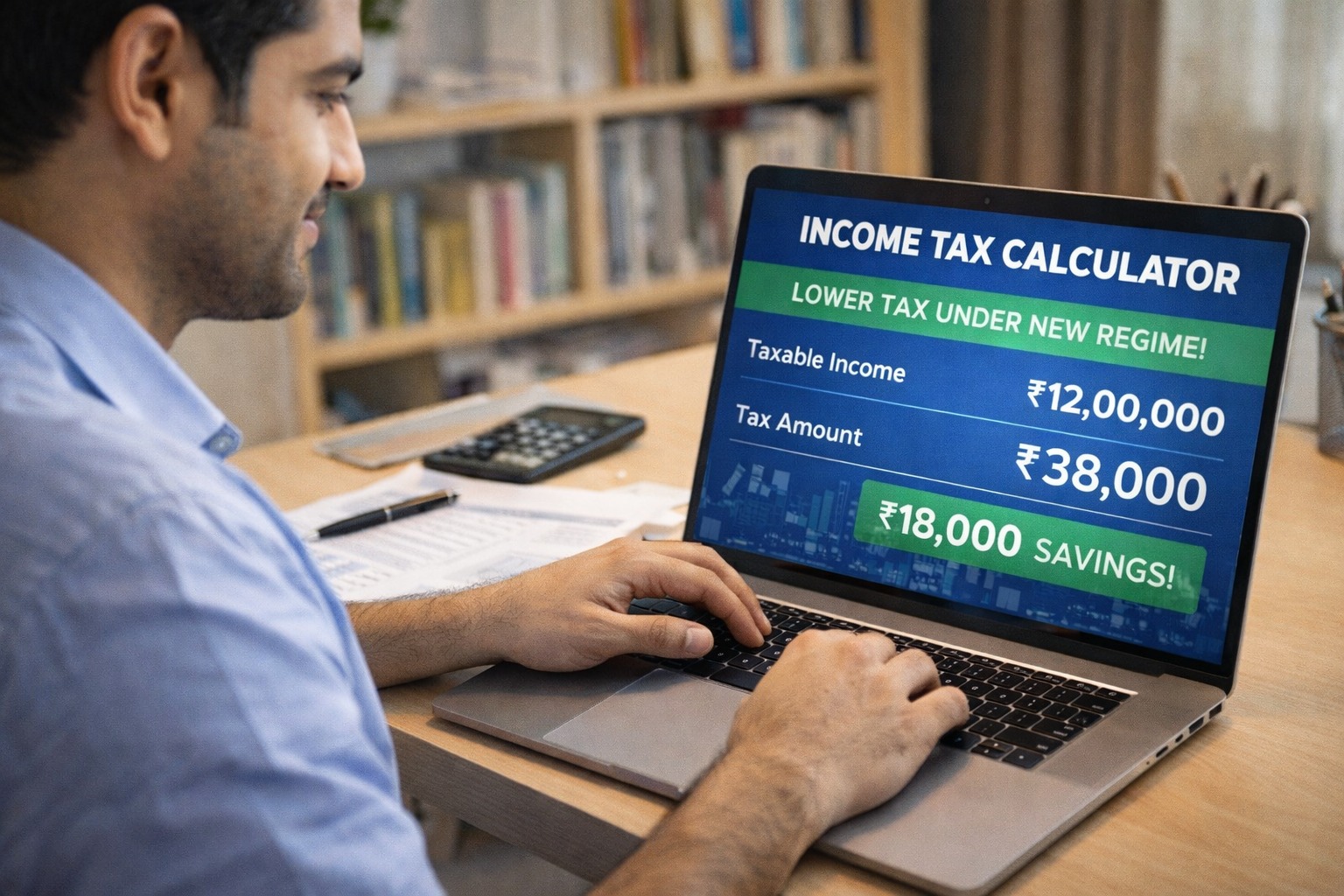 Salaried employee calculating lower income tax on laptop in India