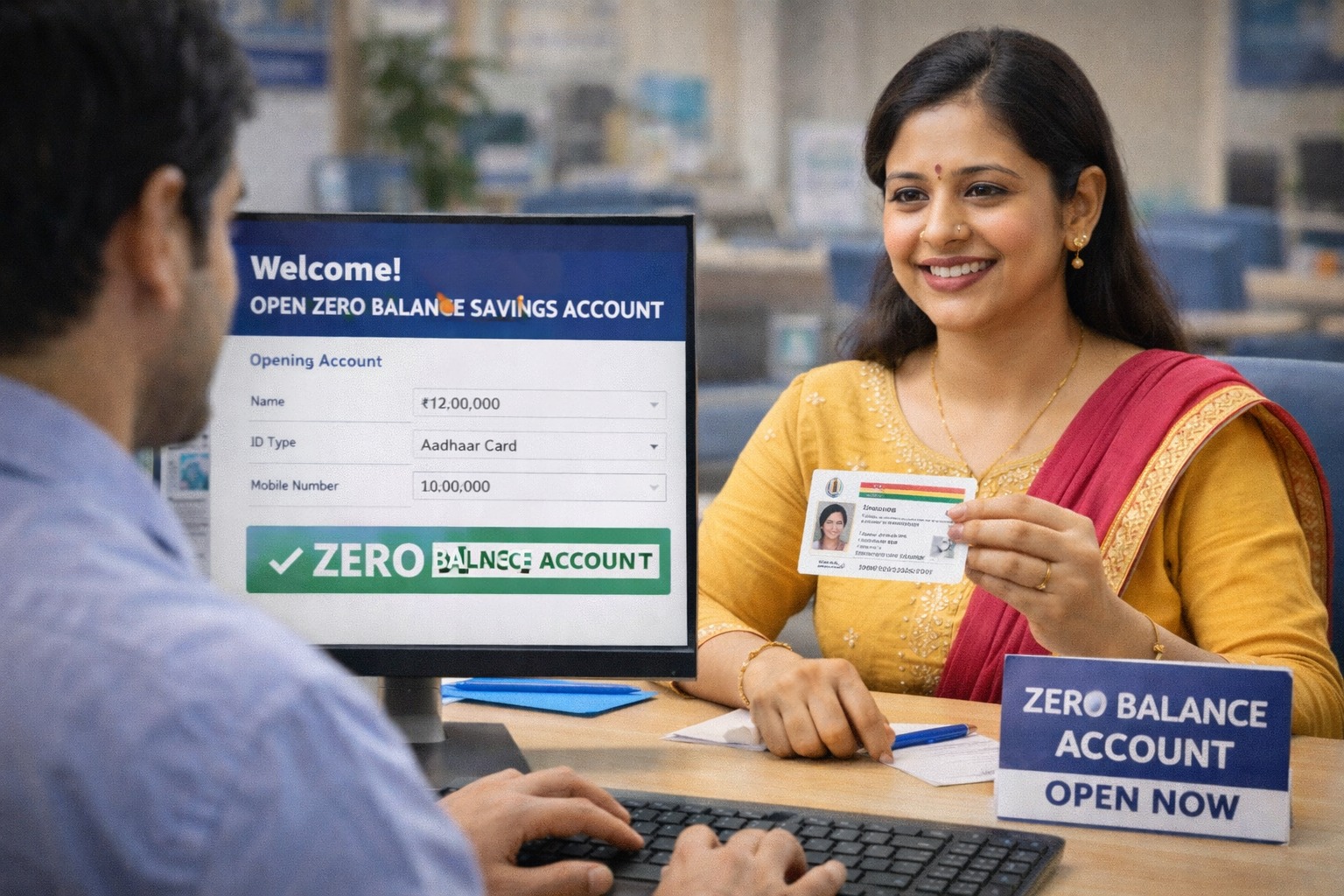 Indian woman opening zero balance bank account at branch counter